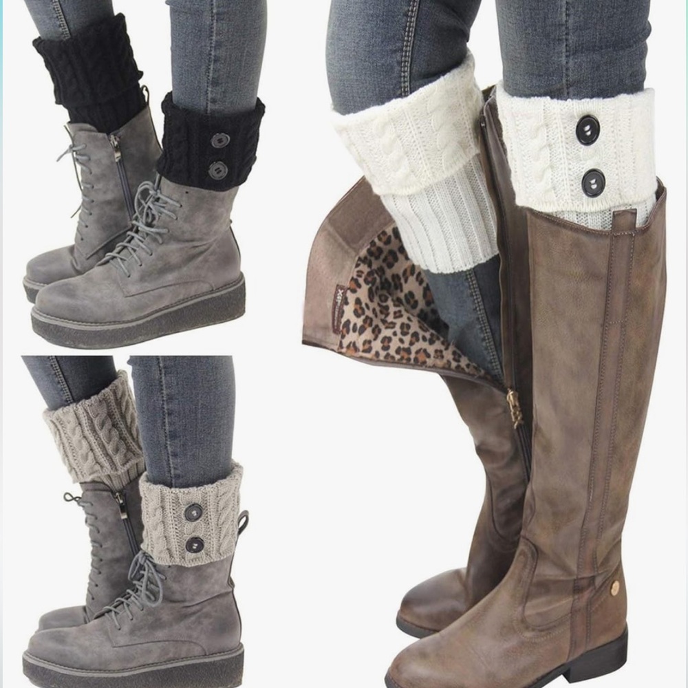 Women’s Crochet Knitted Boot Cuffs, 3 pairs, black, cream, sage green, OS